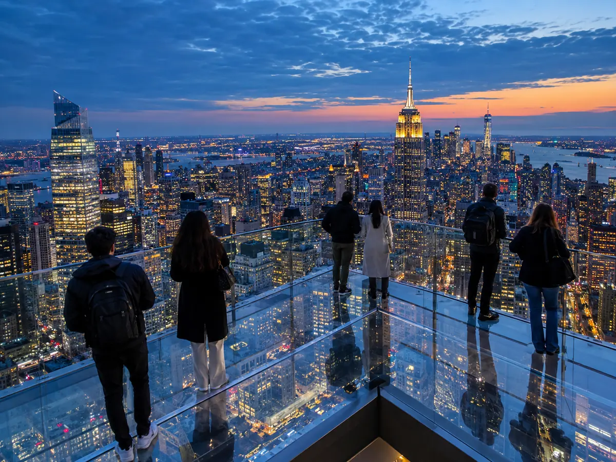 Besucher auf einer Außen-Aussichtsplattform hoch über Manhattan in der blauen Stunde