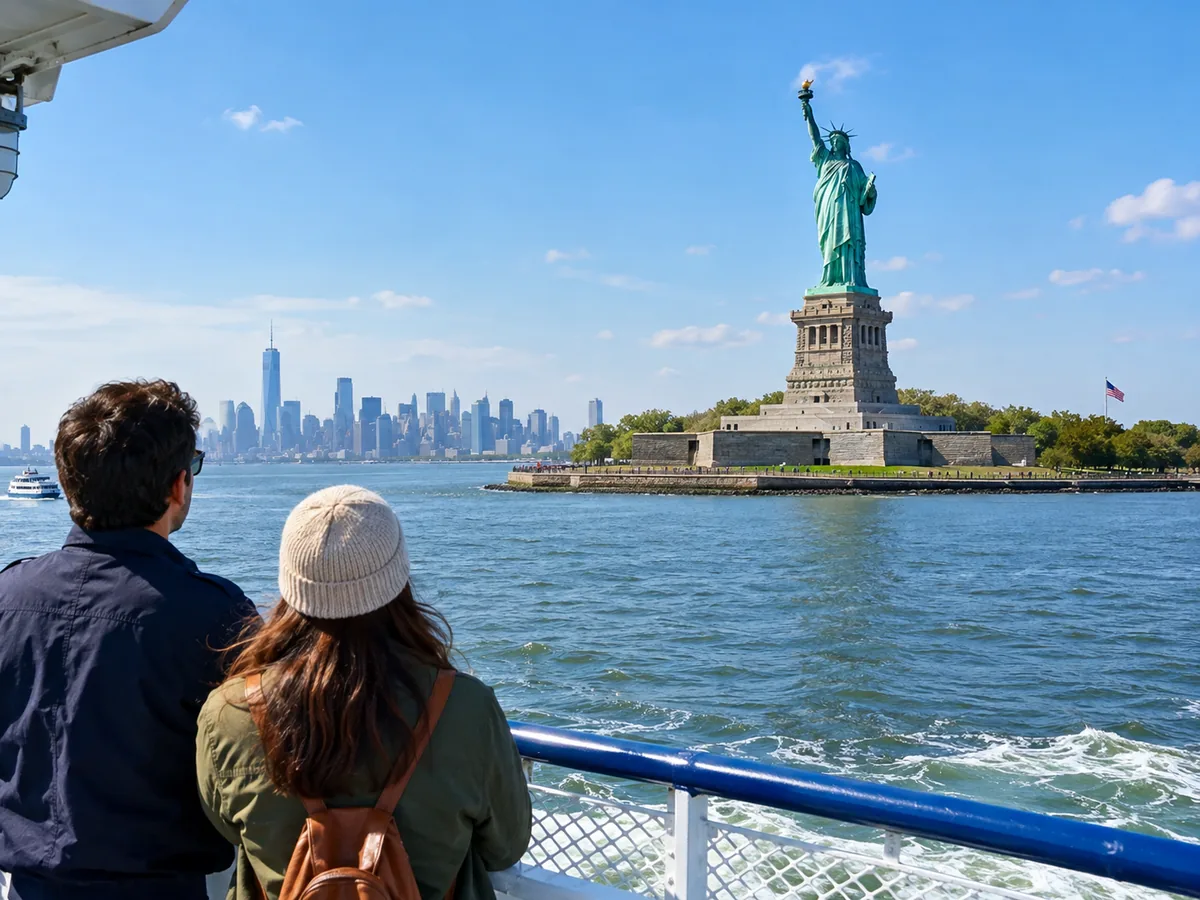 Die Freiheitsstatue, gesehen von einer Fähre im Hafen von New York