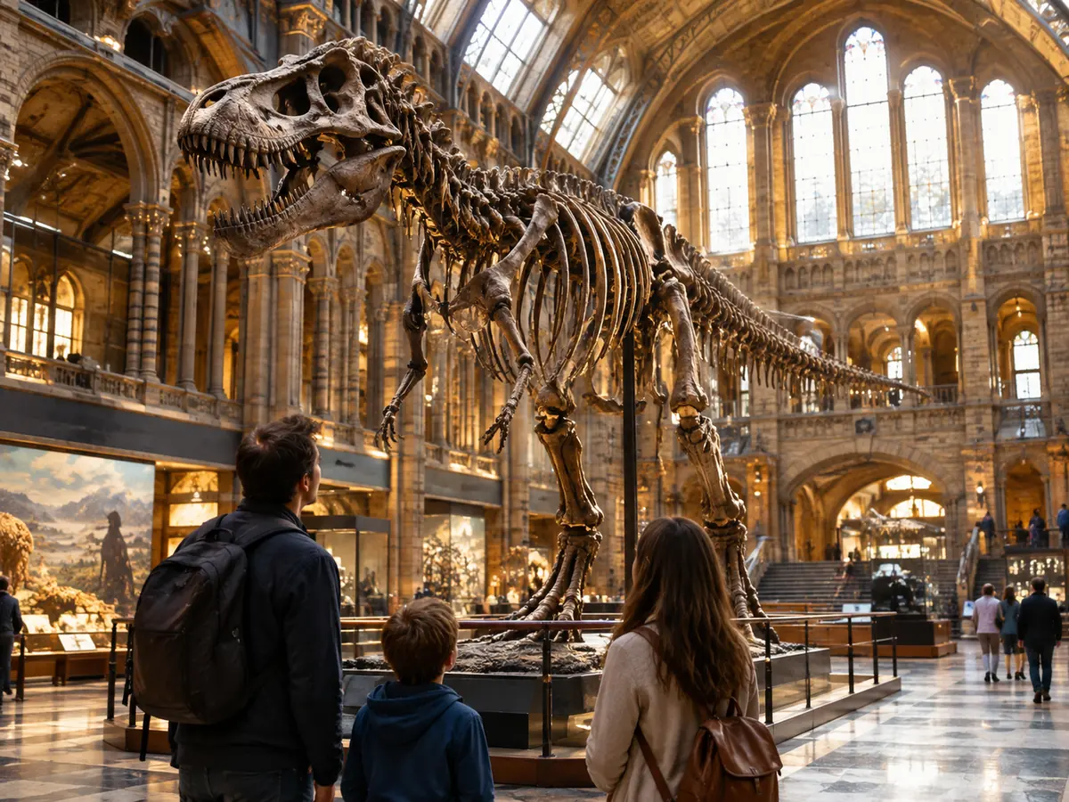 Ein Dinosaurier-Skelett in einem prächtigen Saal des Naturkundemuseums
