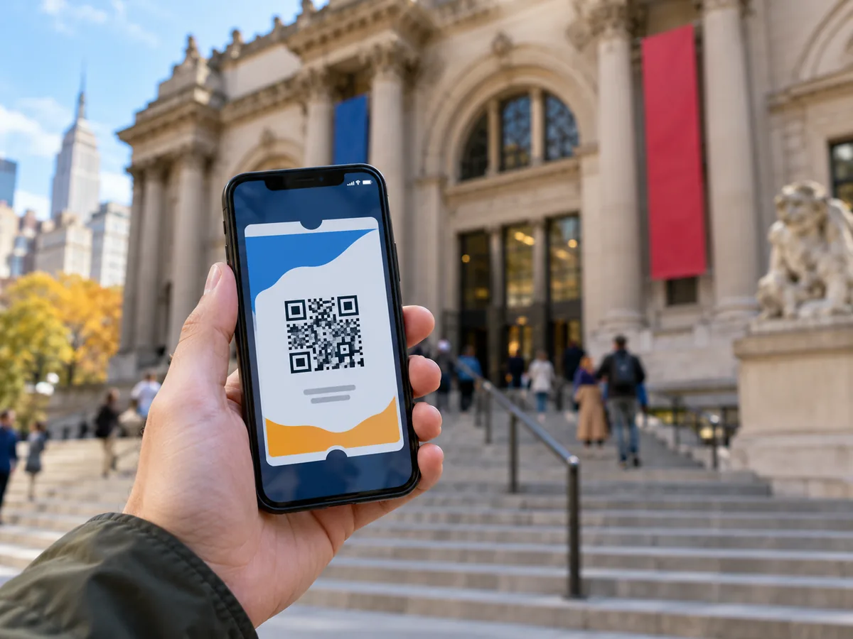 Ein Reisender mit einem digitalen Pass auf dem Handy an einem Museumseingang