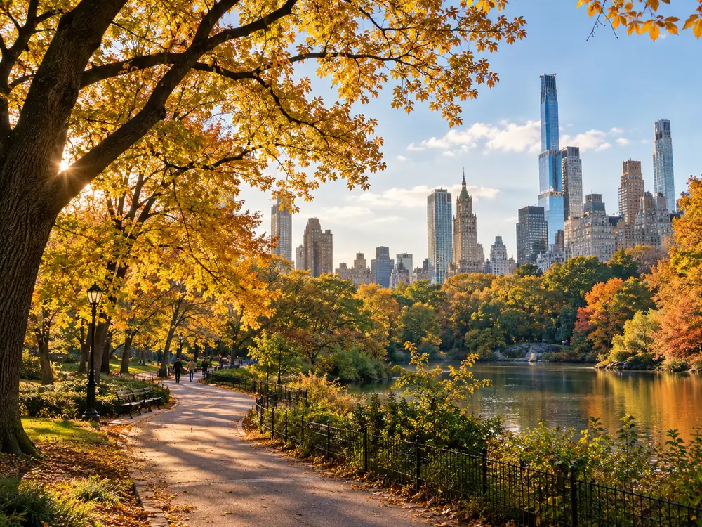 Central Park im Herbst mit der Midtown-Skyline über den Bäumen