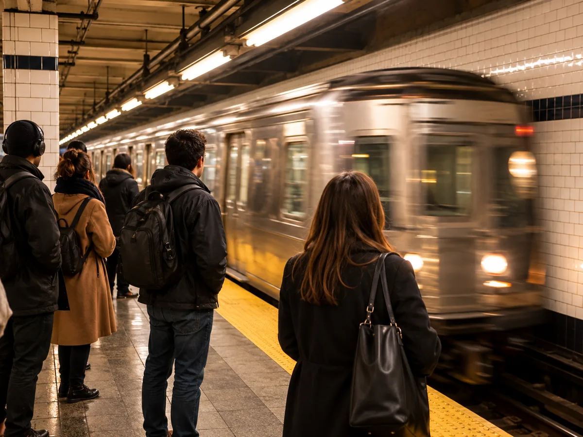 Ein U-Bahn-Zug fährt an einem gefliesten Bahnsteig in New York ein