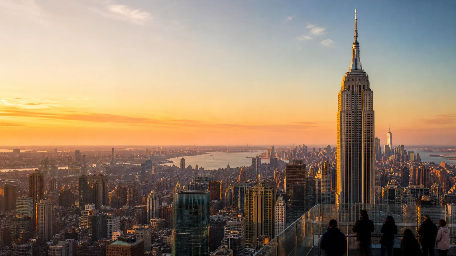 Das Empire State Building bei Sonnenuntergang, gesehen von einer Aussichtsplattform in Midtown Manhattan